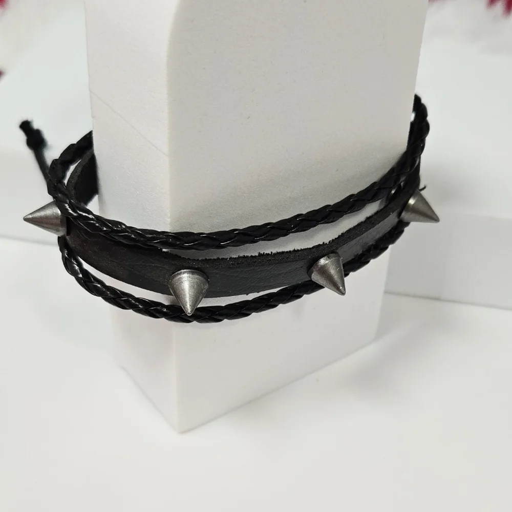 Men’s Punk Spiked Faux Leather Bracelet Adjustable Edgy Statement Layered Casual